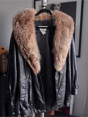 J. Percy For Marvin Richards Leather Coat Fur Trim Black Womens Size Large